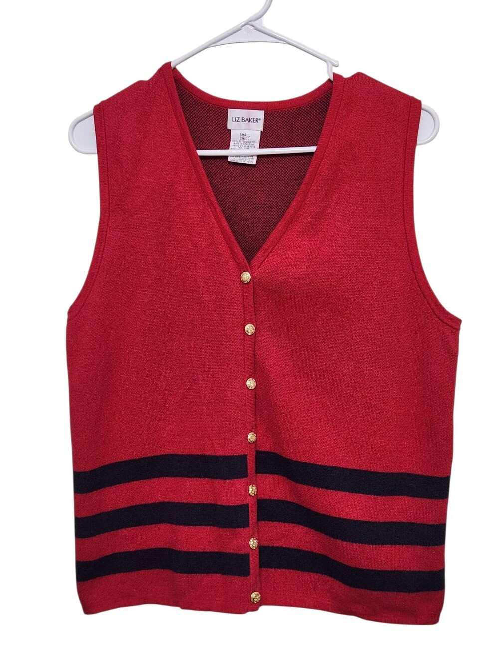 Liz Baker Red V-Neck Button Front Sweater Vest with Navy Stripes